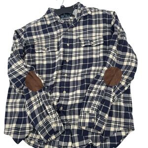 Vintage 90s Polo Ralph Lauren Flannel Shirt Elbow Patch Mens XL Navy Plaid